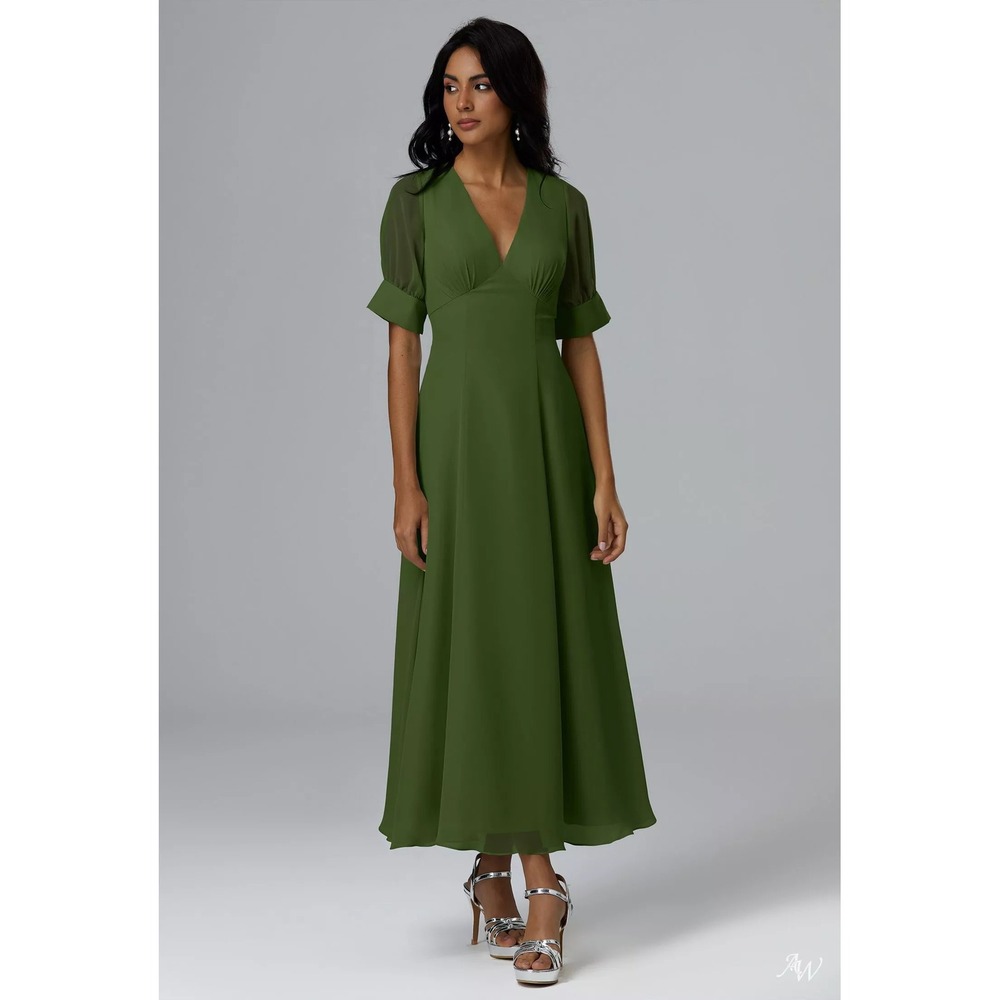 AW Bridal Olive Green V-Neck Short Sleeve Maxi Dress Formal Wedding Guest Gown 0